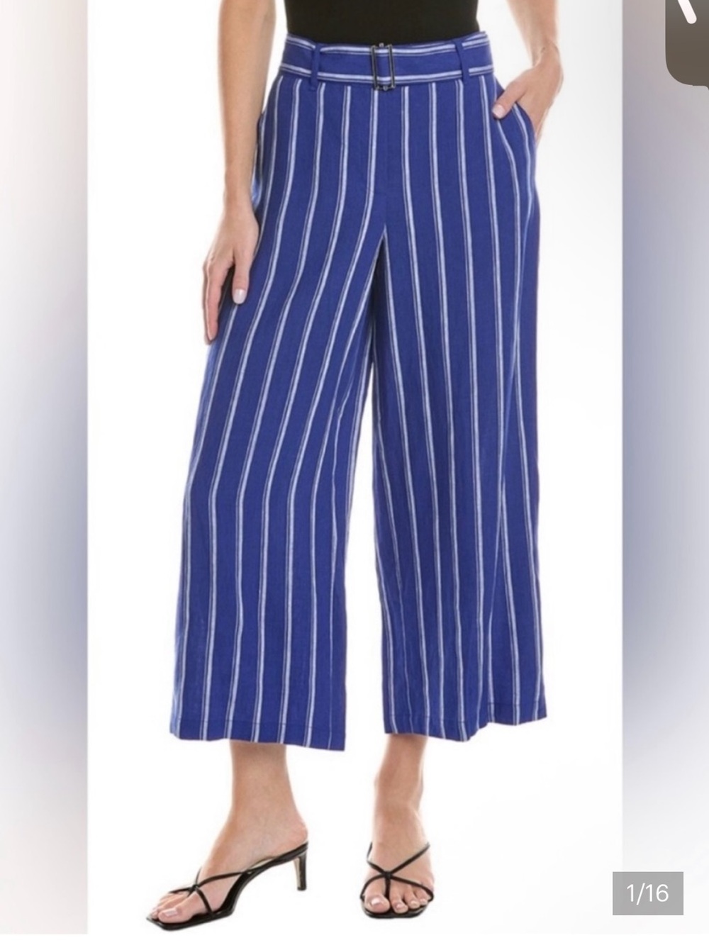 Lafayette 148 pants NWT 18 Blue Stripe 100% Linen Luxury Wide Leg Ankle